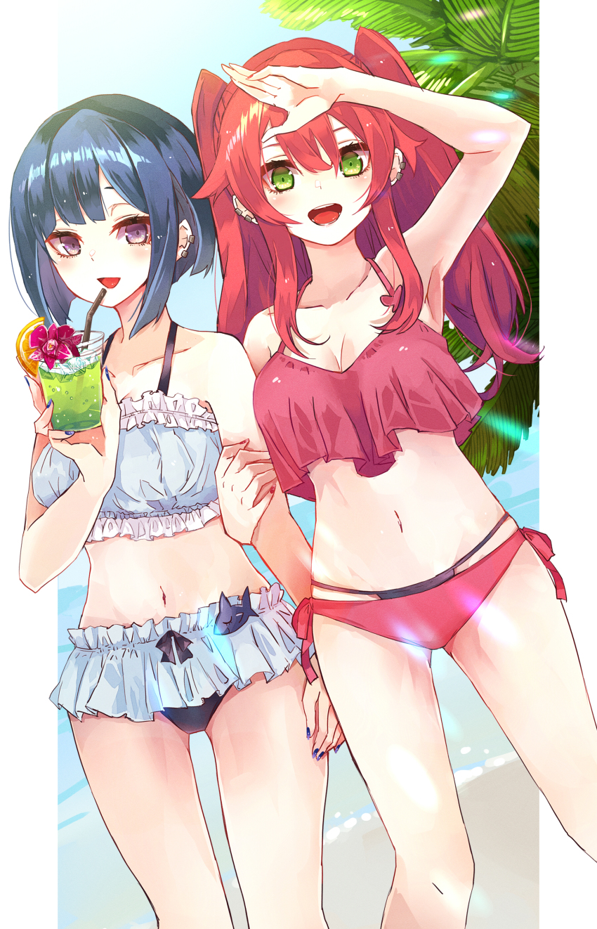 2girls, absurdres, arm_up, armpits, beach, bikini, blue_bikini, blue_hair