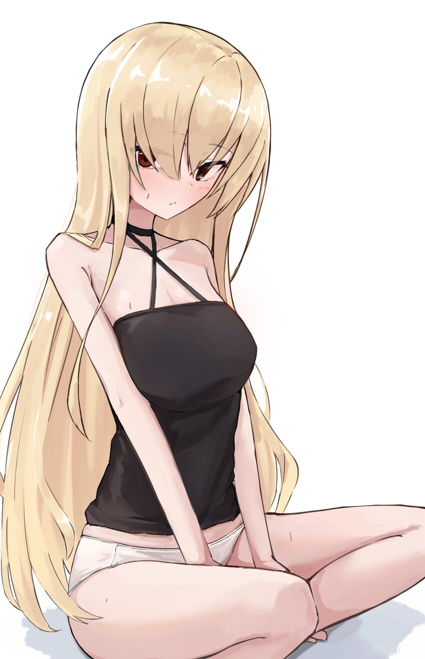 1girl, 9-nine-, :/, absurdres, bare_shoulders, between_legs, black_choker, black_shirt