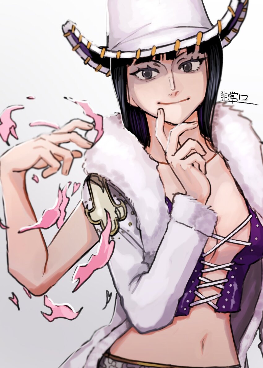 1girl, black_hair, blunt_bangs, breasts, brown_eyes, cleavage, closed_mouth, coat, cowboy_hat, cross-laced_clothes, cross-laced_top, devil_fruit_power, extra_arms, feichangkou, gradient_background, hana_hana_no_mi, hat, highres, looking_to_the_side, medium_hair, midriff, navel, nico_robin, nico_robin_(alabasta), one_piece, signature, smile, solo, white_coat