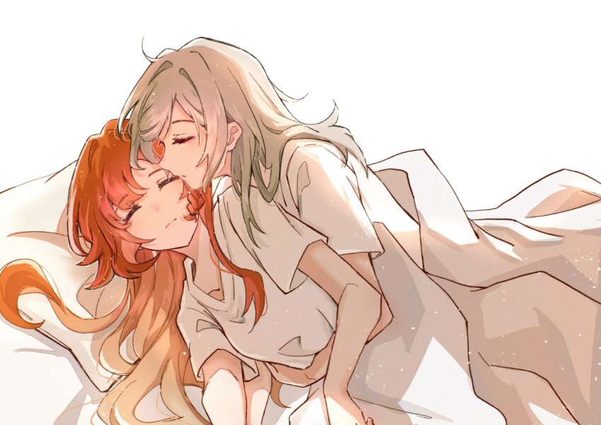 2girls, 7nosuke, closed_eyes, closed_mouth, grey_hair, heads_together, highres, hug, hug_from_side, long_hair, lying, multiple_girls, on_side, orange_hair, pillow, reverse:1999, shared_blanket, shirt, short_sleeves, sleeping, sonetto_(reverse:1999), t-shirt, under_covers, vertin_(reverse:1999), very_long_hair, white_background, white_shirt, yuri