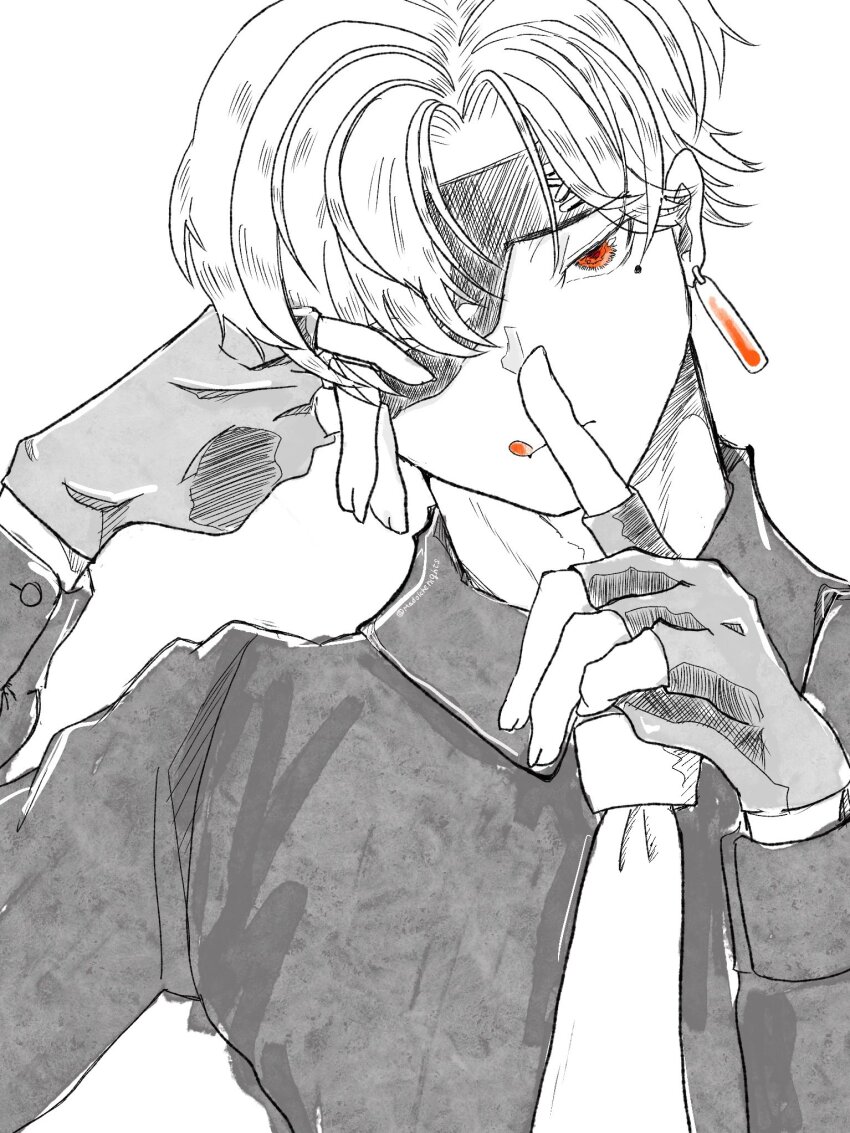 1boy, :p, black_gloves, black_shirt, commentary_request, earrings, eyepatch, fingerless_gloves, gloves, highres, jewelry, looking_at_viewer, madolchenights, necktie, red_eyes, rip_(undead_unluck), shirt, short_hair, simple_background, sketch, solo, standing, tongue, tongue_out, undead_unluck, white_background