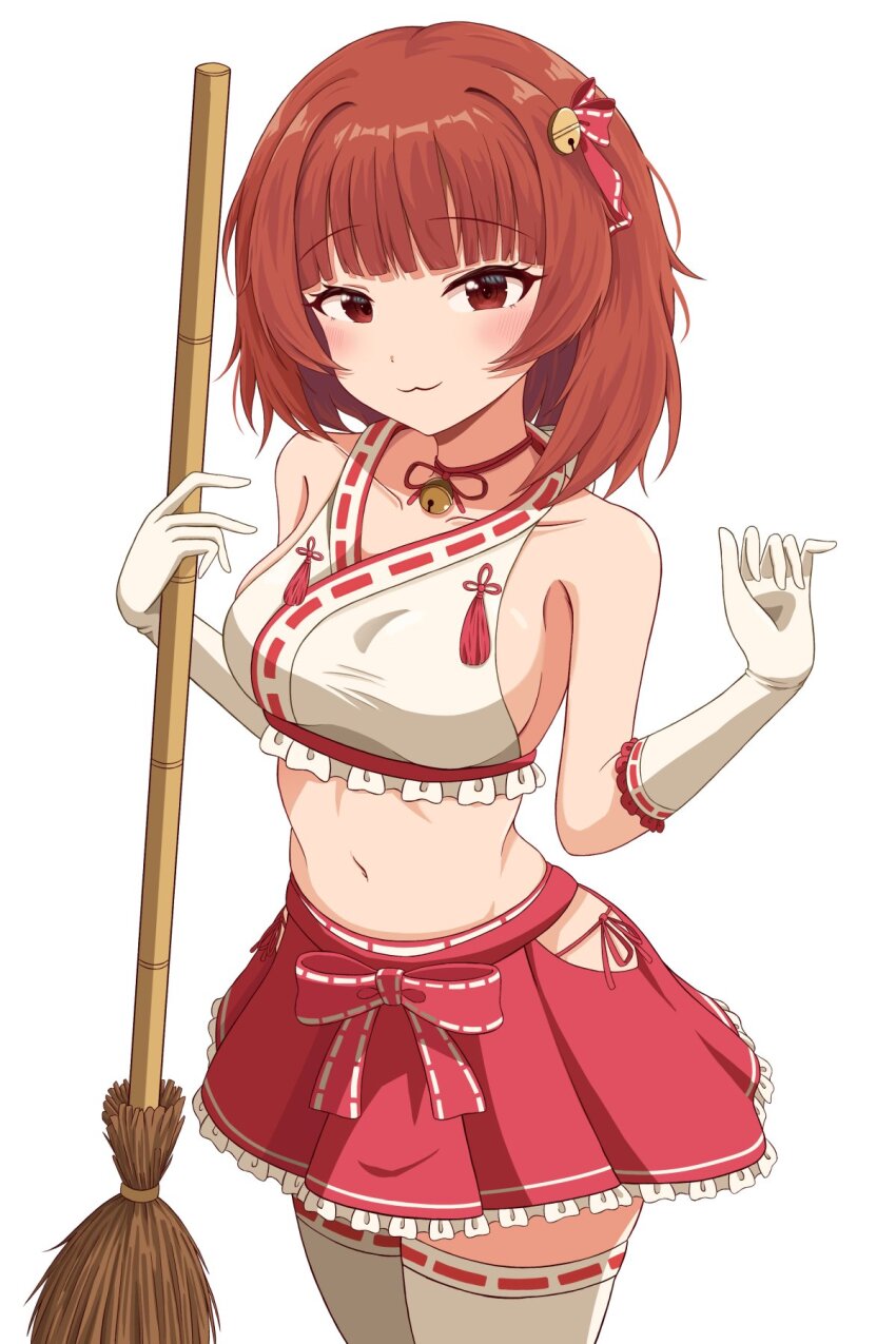 1girl, :3, bamboo_broom, bare_shoulders, bell, bikini, blunt_bangs, blush