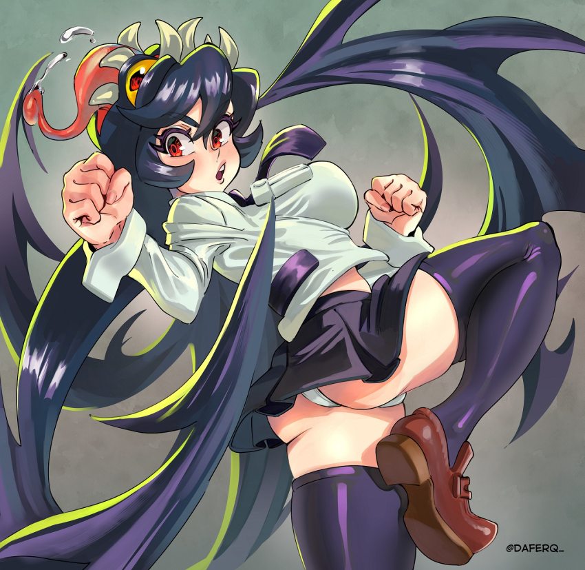 1girl, ass, blush, breasts, clenched_hands, colored_sclera, cowboy_shot, daferq