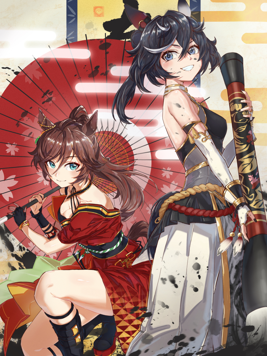 2girls, absurdres, animal_ears, bare_shoulders, black_hair, blue_eyes, blush, boots