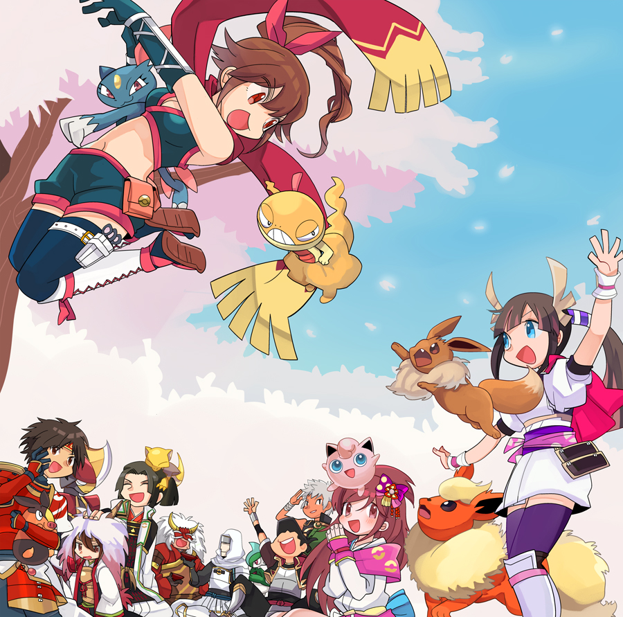 abra, armor, cherry_blossoms, eevee, flareon, fukushima_masanori_(sengoku_musou), gallade, gen_1_pokemon