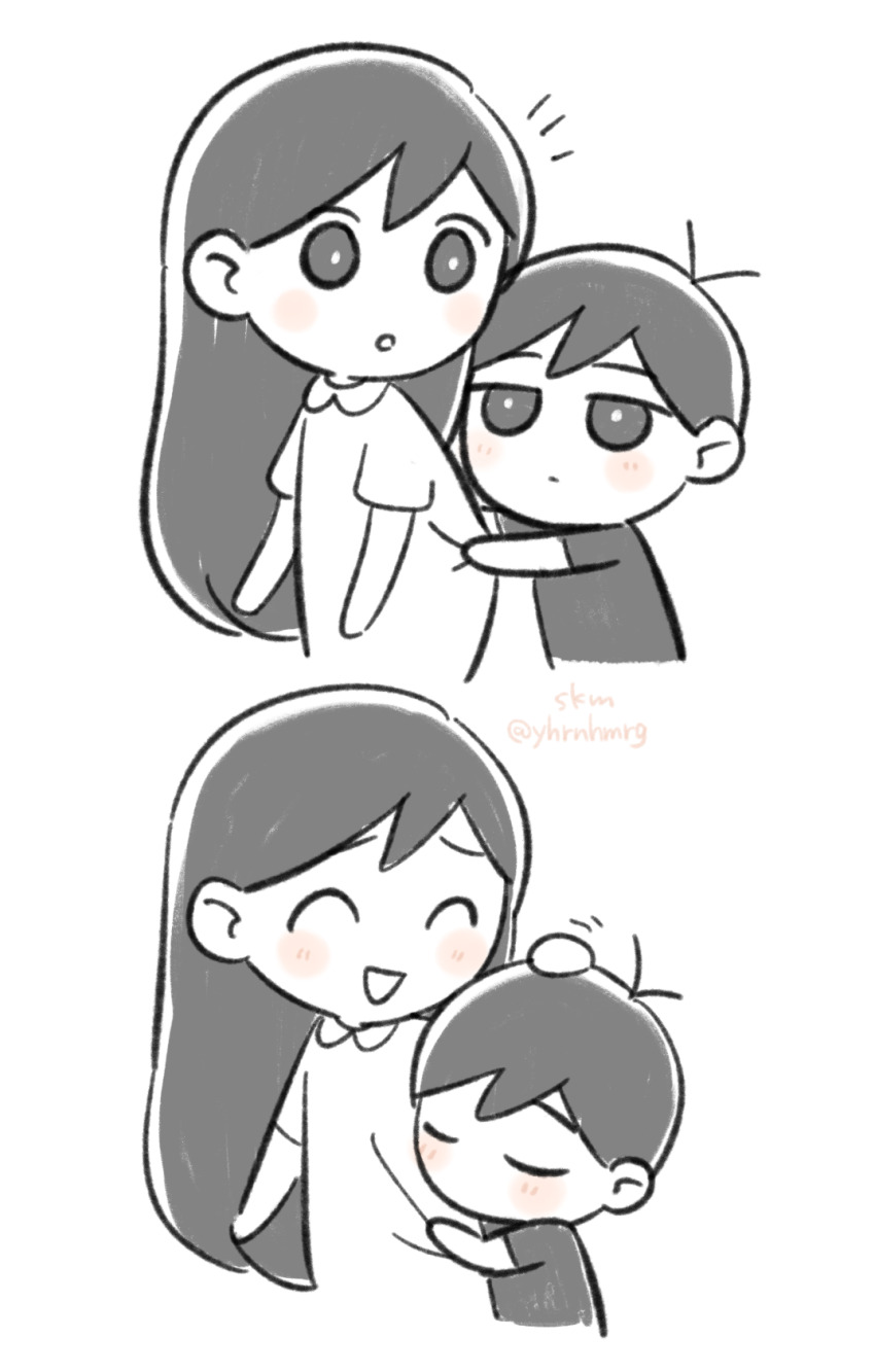 1boy, 1girl, 4kkrbk, ^_^, black_eyes, black_hair, black_shirt, blush