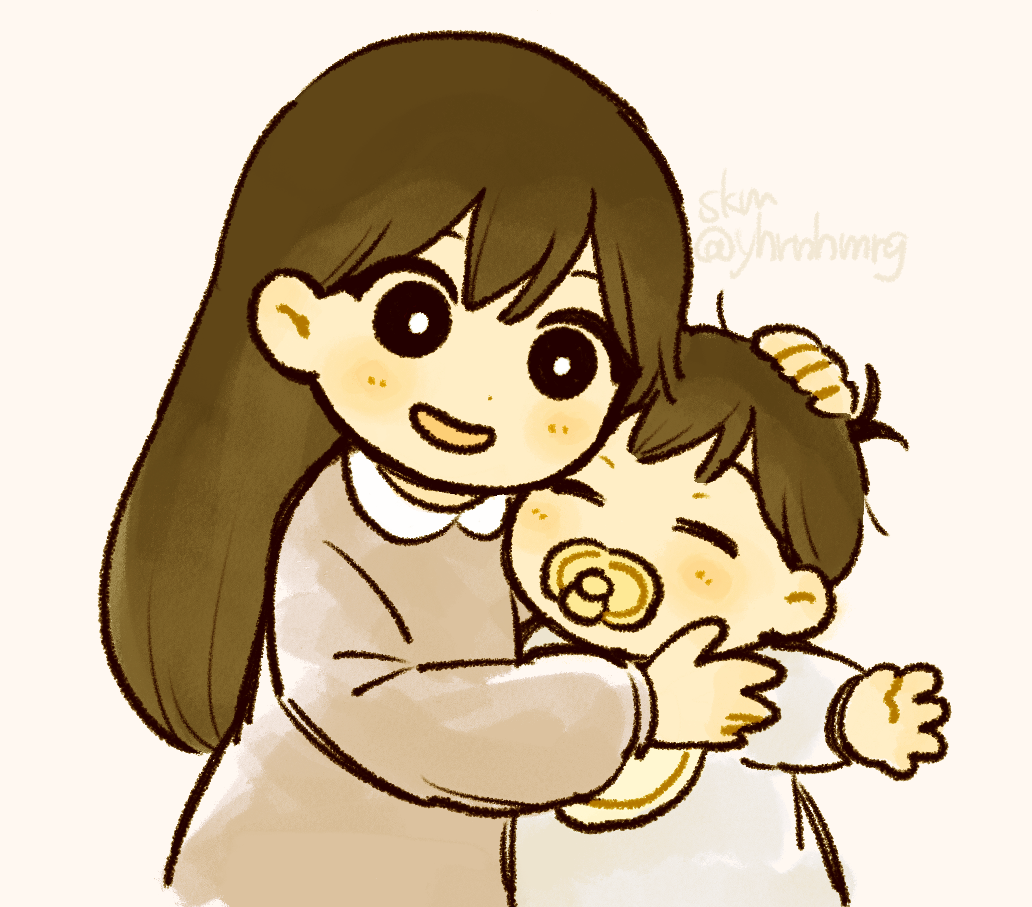 1boy, 1girl, 4kkrbk, aged_down, black_eyes, black_hair, blush, bright_pupils