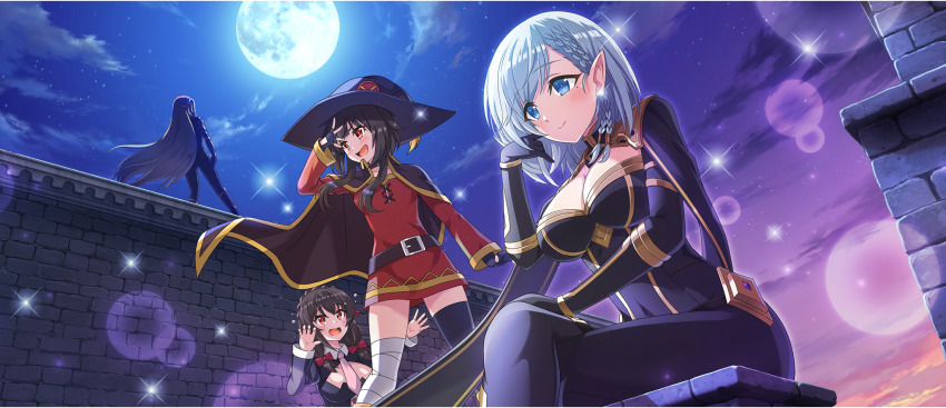 4girls, :d, alpha_(kagejitsu), bandaged_leg, bandages, belt, belt_collar, bench