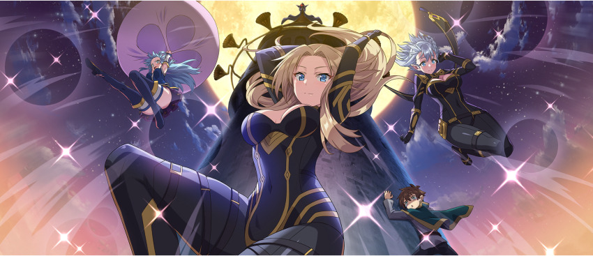 2boys, 3girls, alpha_(kagejitsu), aqua_(konosuba), armpits, arms_up, belt, beta_(kagejitsu)