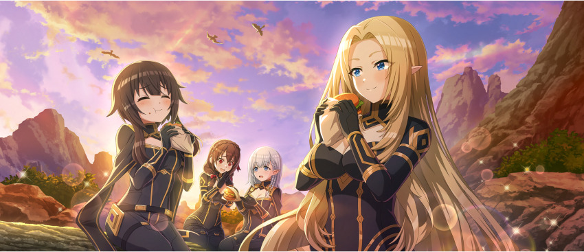 4girls, :t, alpha_(kagejitsu), alpha_(kagejitsu)_(cosplay), belt, beta_(kagejitsu), beta_(kagejitsu)_(cosplay), bird, black_belt, black_bodysuit, blonde_hair, blue_eyes, bodysuit, bow, braid, braided_sidelock, breasts, brown_hair, burger, chewing, cleavage, cleavage_cutout, closed_eyes, closed_mouth, clothing_cutout, cloud, cloudy_sky, cosplay, crossover, crown_braid, crumbs, eating, elf, food, food_on_face, furrowed_brow, game_cg, gold_trim, grey_hair, hair_behind_ear, hair_between_eyes, hair_bow, hair_over_shoulder, hands_up, highres, holding, holding_burger, holding_food, kage_no_jitsuryokusha_ni_naritakute!, kono_subarashii_sekai_ni_shukufuku_wo!, konosuba!_fantastic_days, large_breasts, light_blush, long_hair, long_sidelocks, looking_at_another, looking_at_food, low_twintails, matching_outfits, medium_hair, megumin, mole, mole_under_eye, multiple_belts, multiple_girls, official_alternate_costume, official_art, open_mouth, outdoors, own_hands_together, parted_bangs, pointy_ears, red_bow, red_eyes, seiza, shade, short_hair, short_hair_with_long_locks, sidelocks, sitting, sky, small_breasts, smile, sunlight, sunset, thigh_belt, thigh_strap, twintails, very_long_hair, wariza, yunyun_(konosuba)