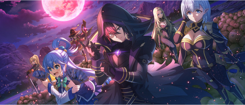 1boy, 5girls, :d, adjusting_clothes, adjusting_sleeves, alpha_(kagejitsu), aqua_(konosuba), arm_belt, arm_guards, arms_across_body, bandaged_leg, bandages, belt, belt_collar, beta_(kagejitsu), black_belt, black_bodysuit, black_cloak, black_coat, black_eyes, black_gloves, black_hair, black_hat, black_hood, black_thighhighs, blonde_hair, blue_eyes, blue_hair, blue_shirt, blue_skirt, bodysuit, boots, bow, bowtie, braid, braided_sidelock, breasts, brown_belt, brown_boots, brown_hair, cabbage, cabbage_(konosuba), cid_kagenou, cid_kagenou_(shadow), cleavage, cleavage_cutout, cloak, closed_mouth, clothing_cutout, cloud, cloudy_sky, coat, collar, covered_navel, creature, crossed_belts, crossover, darkness_(konosuba), detached_sleeves, dress, elf, fingerless_gloves, fold-over_boots, full_moon, game_cg, gem, gloves, gold_trim, green_bow, green_bowtie, grey_hair, hair_behind_ear, hair_between_eyes, hair_ornament, hair_rings, hand_fan, hand_in_own_hair, hand_on_headwear, hand_on_own_hip, hand_up, hands_on_hilt, hat, high_collar, highres, holding, holding_creature, holding_fan, holding_staff, hood, hood_up, kage_no_jitsuryokusha_ni_naritakute!, knee_boots, kono_subarashii_sekai_ni_shukufuku_wo!, konosuba!_fantastic_days, large_breasts, long_coat, long_hair, long_sidelocks, long_sleeves, looking_at_viewer, mage_staff, matching_outfits, medium_hair, megumin, miniskirt, mole, mole_under_eye, moon, multiple_belts, multiple_girls, neck_ribbon, night, off-shoulder_dress, off_shoulder, official_art, on_creature, open_clothes, open_coat, open_mouth, outdoors, parted_bangs, planted, planted_sword, planted_weapon, pointy_ears, ponytail, purple_gem, red_dress, red_eyes, red_moon, red_ribbon, ribbon, shade, shirt, short_dress, short_hair, short_hair_with_long_locks, sidelocks, single_hair_ring, single_thighhigh, skirt, sky, sleeveless, sleeveless_shirt, small_breasts, smile, staff, standing, sword, thigh_belt, thigh_strap, thighhighs, torn_bodysuit, torn_clothes, v-shaped_eyebrows, very_long_hair, weapon, white_collar, white_sleeves, witch_hat, x_hair_ornament