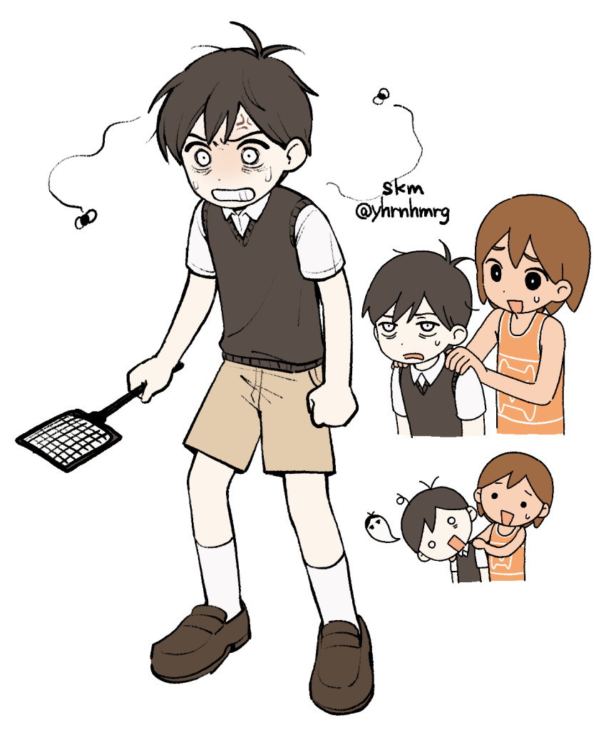 2boys, 4kkrbk, anger_vein, antenna_hair, black_eyes, black_hair, black_shoes, black_sweater_vest