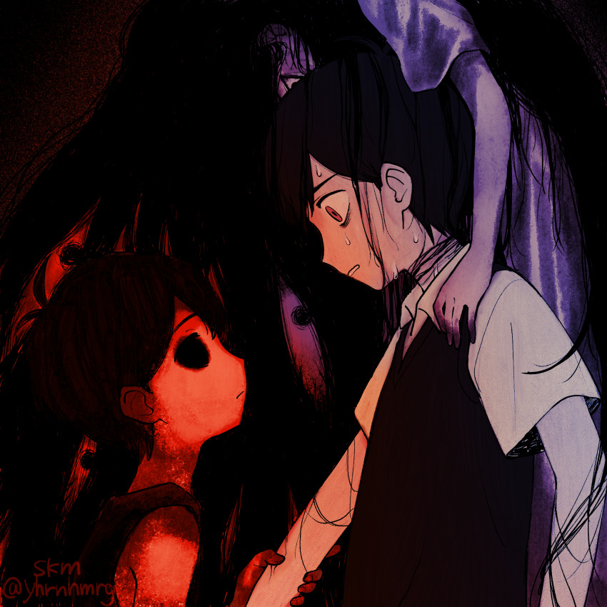 1girl, 2boys, 4kkrbk, antenna_hair, black_sweater_vest, black_tank_top, collared_shirt, expressionless