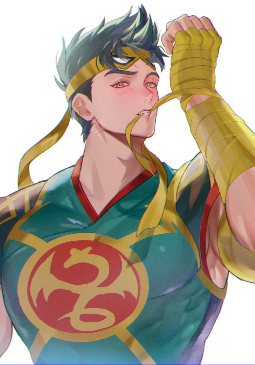 1boy, adam's_apple, arm_wrap, bandage_in_mouth, black_hair, brown_eyes, commentary, covered_abs