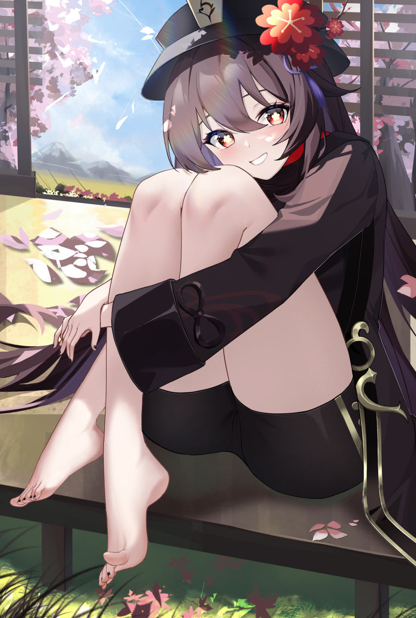 1girl, absurdres, bare_legs, barefoot, black_nails, black_shorts, blush, brown_hair