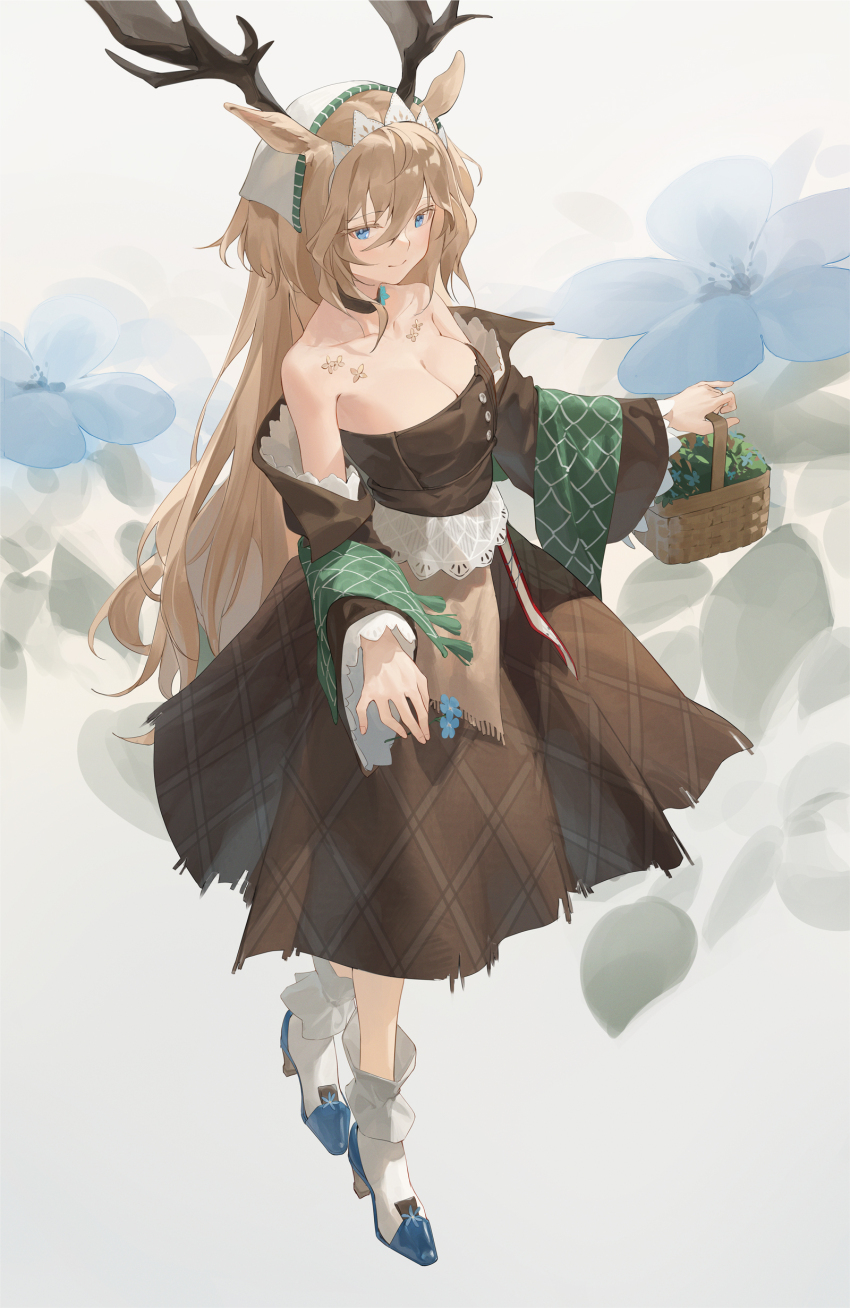 1girl, absurdres, animal_ears, ankle_socks, antlers, arknights, bare_shoulders, basket