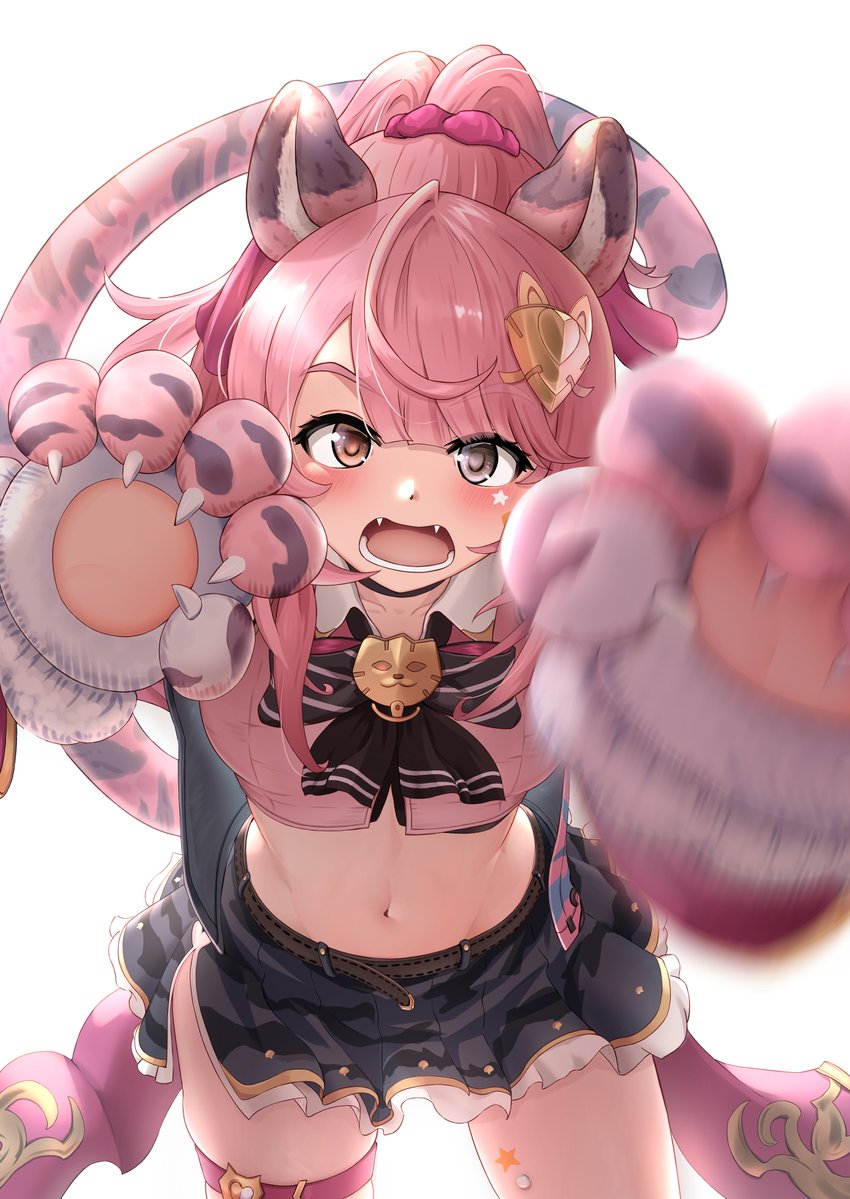 1girl, animal_ears, animal_hands, animal_print, belt, blush, breasts, brown_eyes