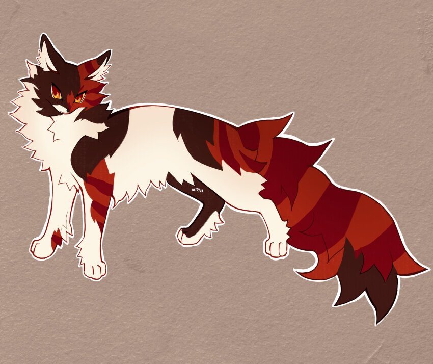 animal, animal_focus, calico_(pattern), calico_cat, cat, fluffy, full_body, highres, kitty_(fernwhisker), looking_at_viewer, no_humans, outline, paper_background, redtail_(warriors), solo, standing, tail, the_prophecies_begin, warrior_cats, white_outline, yellow_eyes