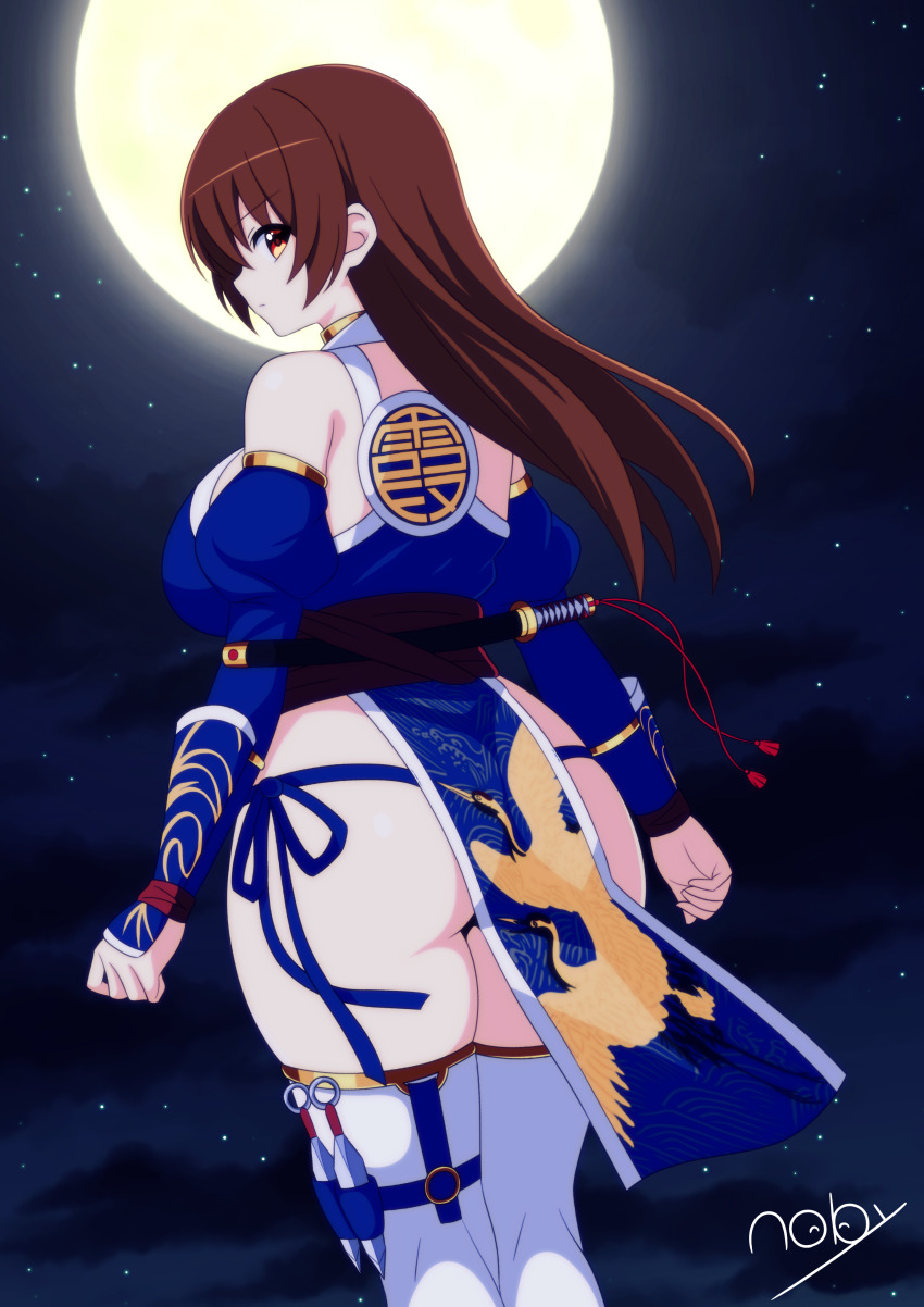 1girl, absurdres, artist_name, ass, bare_shoulders, breasts, brown_eyes, brown_hair, dead_or_alive, detached_sleeves, from_behind, highres, huge_ass, japanese_clothes, kasumi_(doa), large_breasts, long_hair, looking_at_viewer, looking_back, ninja_gaiden, ninja_gaiden_sigma_2, noby, revealing_clothes, sideboob, solo, thick_thighs, thighhighs, thighs, thong, vambraces