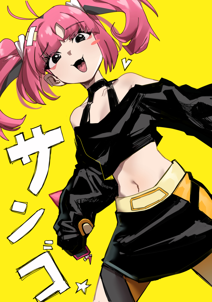 1girl, :d, absurdres, antenna_hair, bare_shoulders, belt, black_shirt, black_skirt, blush_stickers, character_name, collarbone, commentary_request, coral_(pokemon), fang, happy, highres, hyeongang, midriff, navel, nintendo, off-shoulder_shirt, off_shoulder, open_mouth, pink_hair, pokemon, pokemon_(anime), pokemon_horizons, shirt, single_blush_sticker, skirt, smile, solo, tongue, translation_request, twintails, yellow_background, yellow_belt