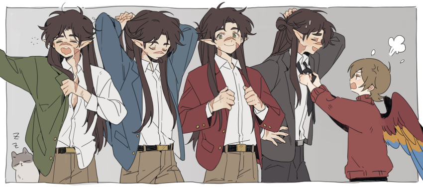 2boys, animification, annoyed, belt, bird_boy, bird_wings, border, brown_hair, brown_pants, cat, commentary, english_commentary, goodtimeswithscar, goodtimeswithscar_(elvish), goodtimeswithscar_(scarland), grey_background, grian_(youtuber), hair_bun, hermitcraft, highres, jellie_(hermitcraft), long_hair, luminous_slime, male_focus, minecraft_youtube, multiple_boys, multiple_views, official_alternate_costume, pants, parrot_boy, pointy_ears, red_sweater, short_hair, simple_background, single_hair_bun, sweater, tying_necktie, white_border, wings