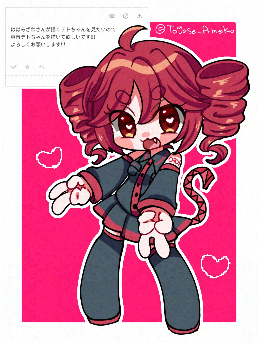 1girl, ahoge, boots, border, chibi, detached_sleeves, drill_hair, fang