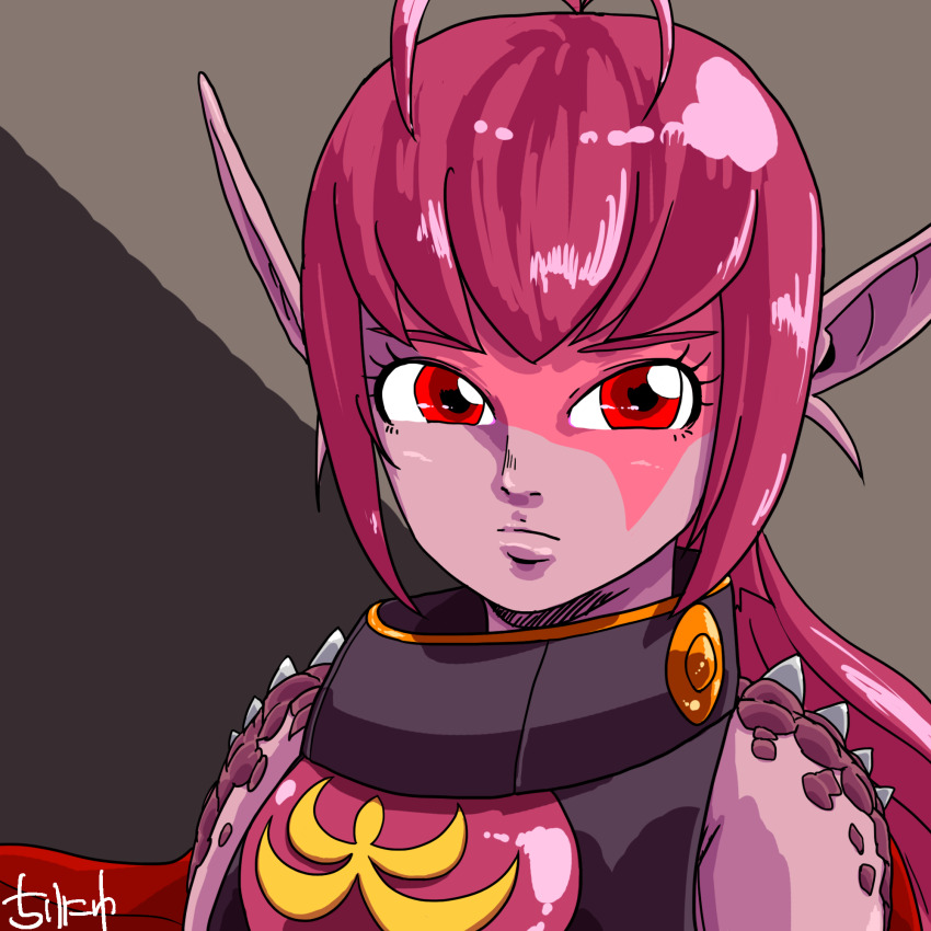 1girl, armor, closed_mouth, colored_skin, facial_mark, golden_sun, highres, horns