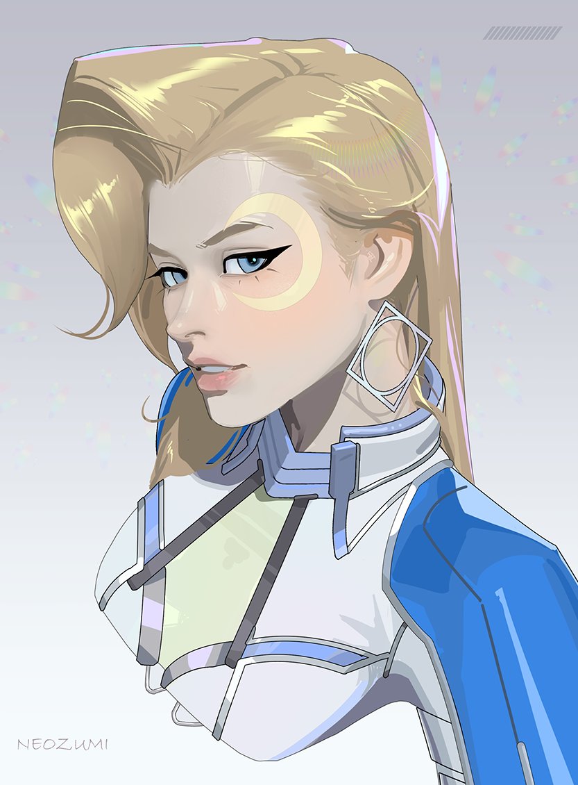 1girl, artist_name, blonde_hair, blue_eyes, bodysuit, crescent, crescent_facial_mark, dagger_(marvel)