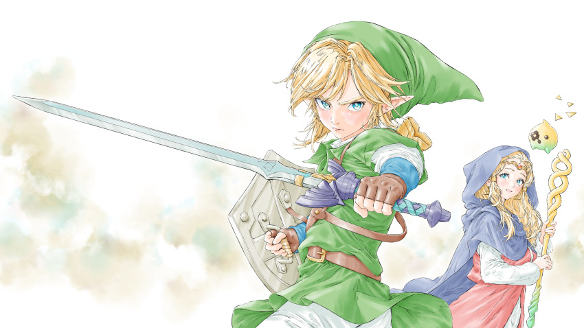 1boy, 1girl, absurdres, belt, blonde_hair, blue_cloak, blue_eyes, brown_gloves