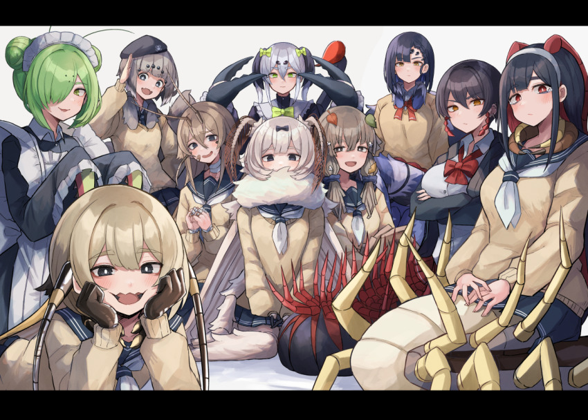 6+girls, :d, antennae, aoi_rika, apron, arachne, arthropod_girl, arthropod_limbs, asymmetrical_bangs, asymmetrical_hair, bagworm, bandages, bandaid, beret, black_hair, black_jacket, blonde_hair, bow, bowtie, braid, braided_bangs, brown_eyes, brown_hair, brown_sweater, centipede_girl, closed_mouth, cockroach_girl, comiket_102, compound_eyes, double_bun, ear_piercing, emukae_kaede_(plan), extra_eyes, fang, frilled_shirt_collar, frilled_sleeves, frills, green_bow, green_bowtie, green_eyes, green_hair, grey_hair, hair_between_eyes, hair_bow, hair_bun, hair_ornament, hair_over_one_eye, hair_scrunchie, hairband, hat, insect_girl, insect_wings, jacket, kaiko-chan_(planhaplalan), kumano_plan, leaf_hair_ornament, long_hair, looking_at_viewer, low_twintails, maid, maid_apron, maid_headdress, mandibles, mantis_girl, millipede, millipede_girl, monster_girl, moth_antennae, moth_girl, moth_wings, multicolored_hair, multiple_girls, neckerchief, open_mouth, original, piercing, pincers, pleated_skirt, praying_mantis, red_bow, red_eyes, sailor_collar, salute, school_uniform, scorpion_girl, scorpion_tail, scrunchie, serafuku, shirt, short_hair, simple_background, skin_fang, skirt, smile, spider_girl, sweater, tail, taur, twintails, wavy_mouth, white_hair, white_shirt, wing_collar, wings, yellow_eyes