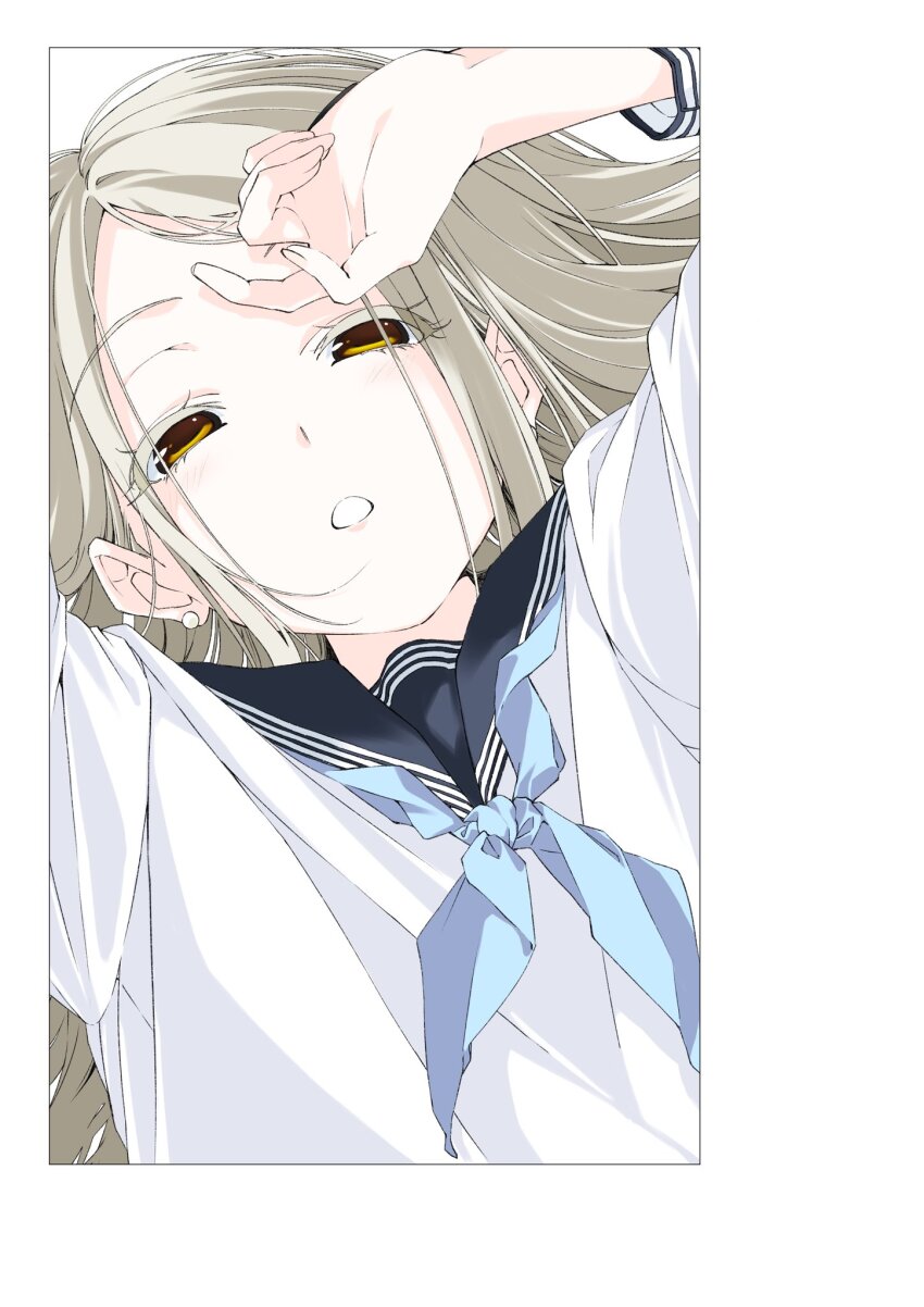 1girl, arm_up, black_sailor_collar, blonde_hair, blue_neckerchief, border, colored_eyelashes, ear_piercing