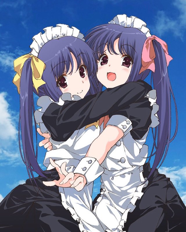 2girls, :d, apron, black_dress, blue_sky, blush, bow, bowtie