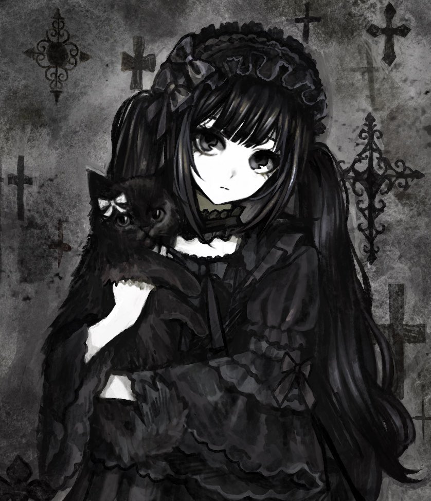 1girl, black_bow, black_cat, black_dress, black_eyes, bow, cat, closed_mouth