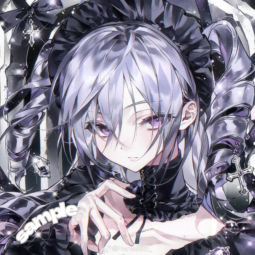 1girl, beads, black_bow, black_collar, black_dress, black_hairband, bow, chinese_commentary