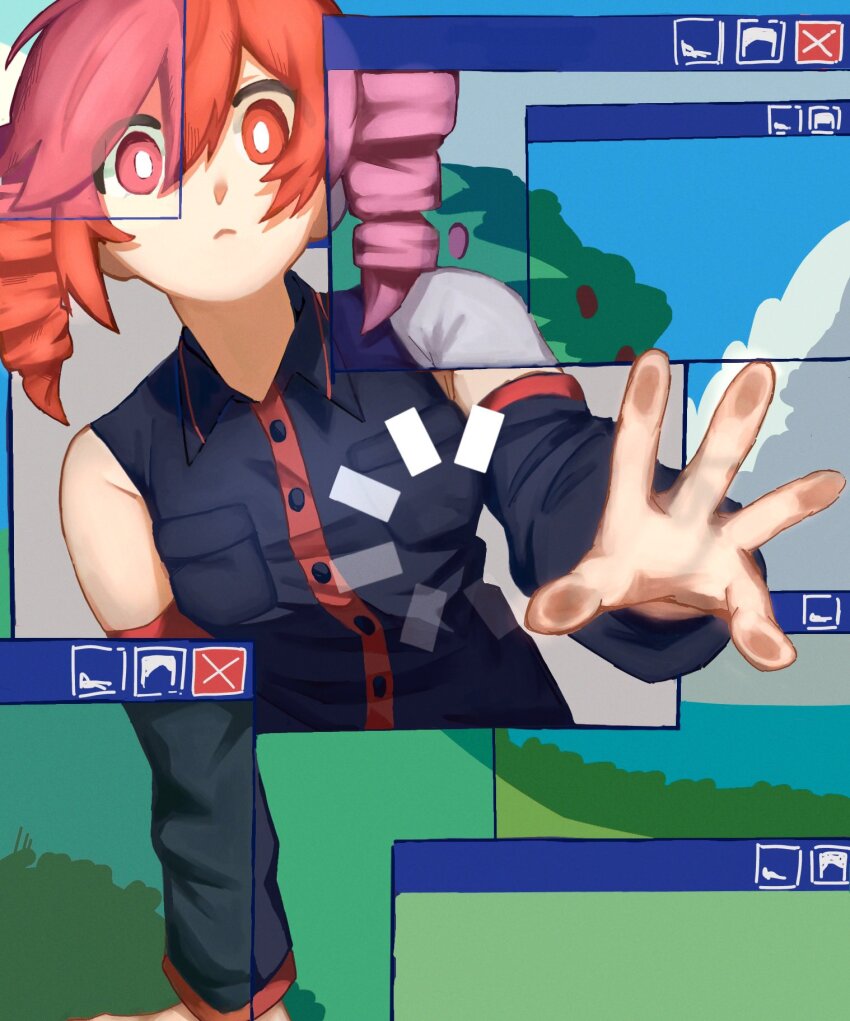 1girl, :<, bare_shoulders, blue_sky, breast_pocket, bright_pupils, buttons, closed_mouth