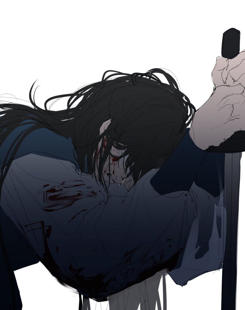 1boy, black_hair, blood, blood_on_clothes, blood_on_face, blue_hanfu, chinese_clothes, clenched_teeth