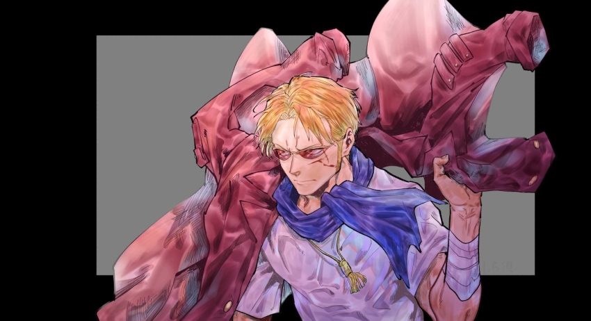 1boy, ascot, bandaged_arm, bandages, black_border, blonde_hair, blood, blood_on_face
