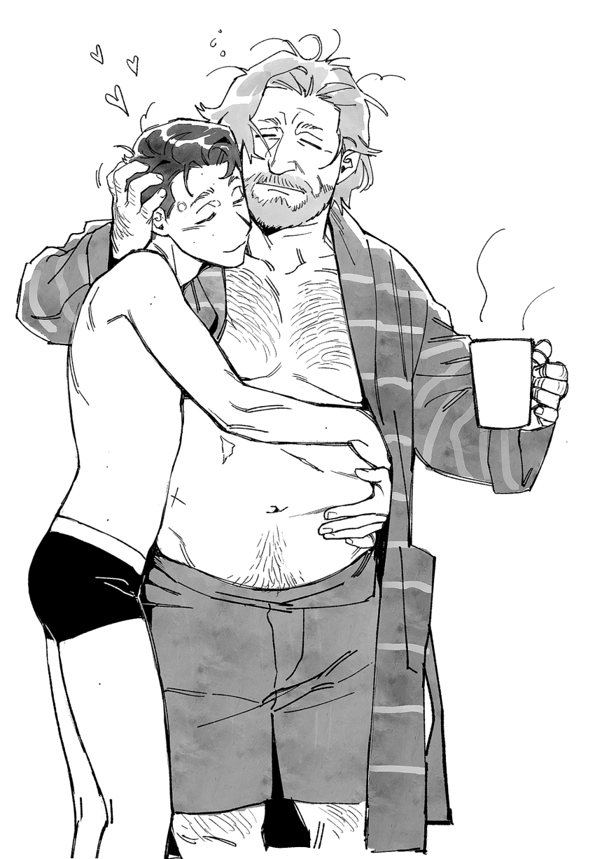 2boys, age_difference, arms_around_another's_waist, beard, boxers, chest_hair, closed_eyes, closed_mouth