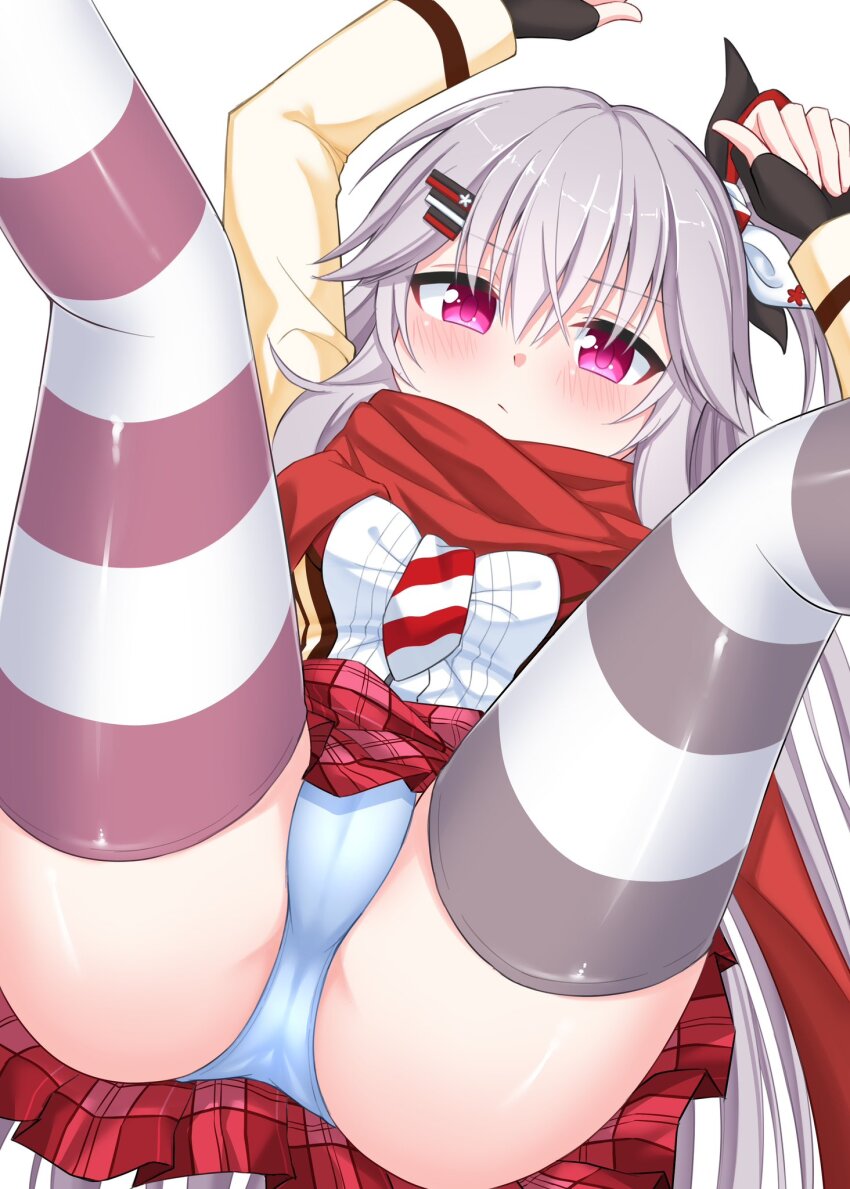 1girl, :/, accidental_exposure, arms_up, asymmetrical_legwear, blue_panties, blush, cameltoe