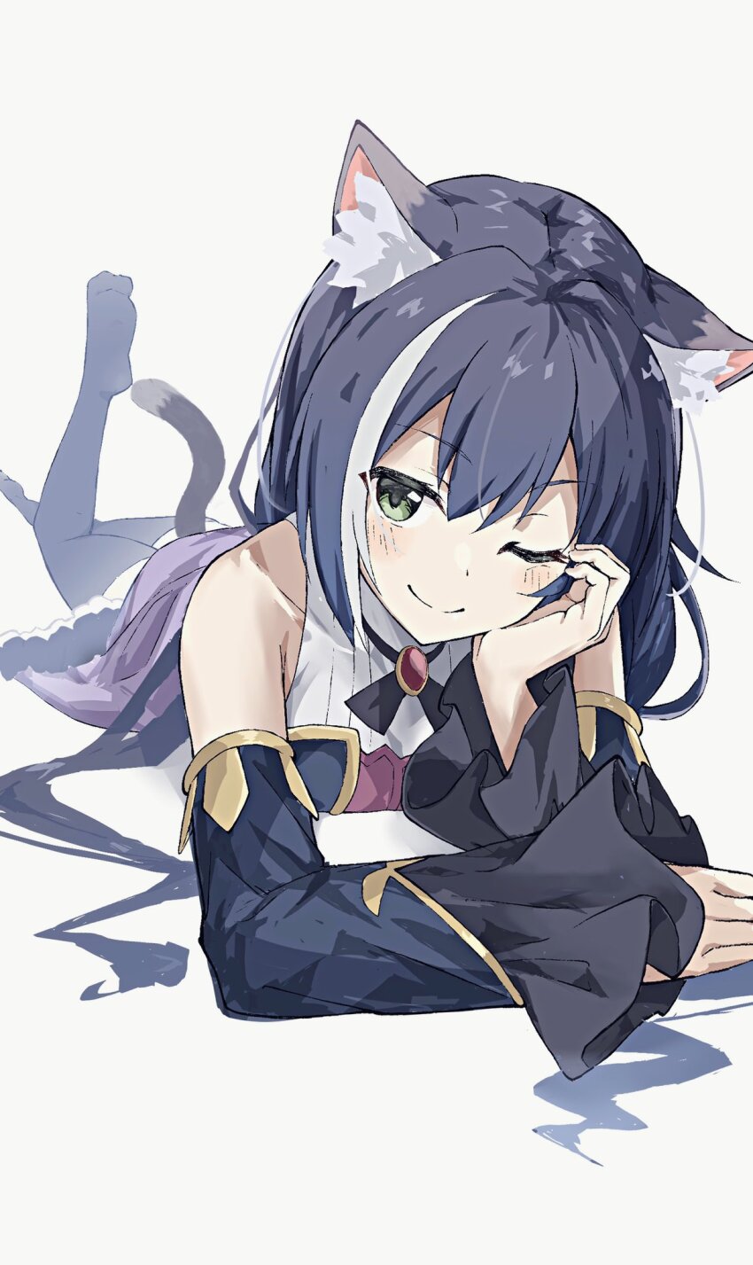 1girl, animal_ear_fluff, animal_ears, as_buppa, bare_shoulders, black_hair, black_pantyhose, blue_sleeves