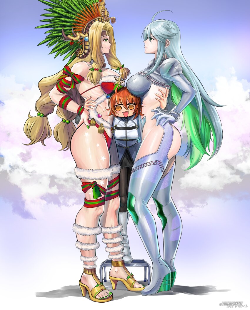3girls, abs, absurdres, ahoge, artist_name, ass, blonde_hair, blue_hair, bodysuit, breasts, chaldea_uniform, christmas_ornaments, clothing_cutout, fate/grand_order, fate_(series), fujimaru_ritsuka_(female), full_body, green_eyes, green_hair, hand_on_own_hip, headdress, high_heels, highres, impossible_clothes, kukulkan_(fate), kukulkan_(second_ascension)_(fate), large_breasts, long_hair, multicolored_hair, multiple_girls, quetzalcoatl_(fate), quetzalcoatl_(samba/santa)_(fate), riyo_(lyomsnpmp)_(style), signature, silver_bodysuit, tall_female, thighs, two-tone_hair, yincrescent