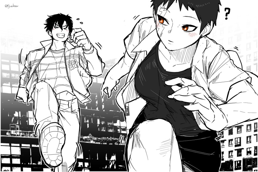 1boy, 1girl, ?, black_shirt, black_skirt, blush, buraiden_gai, genderswap