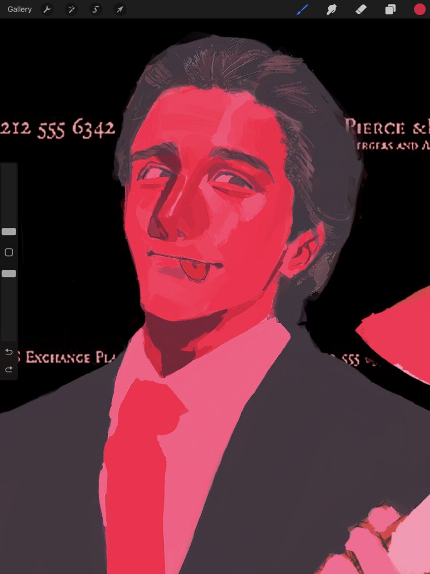1boy, :p, american_psycho, axe, black_background, business_suit, formal_clothes, hair_slicked_back, highres, male_focus, necktie, patrick_bateman, procreate_(medium), procreate_(software), salaryman, snowspots1, suit, tongue, tongue_out