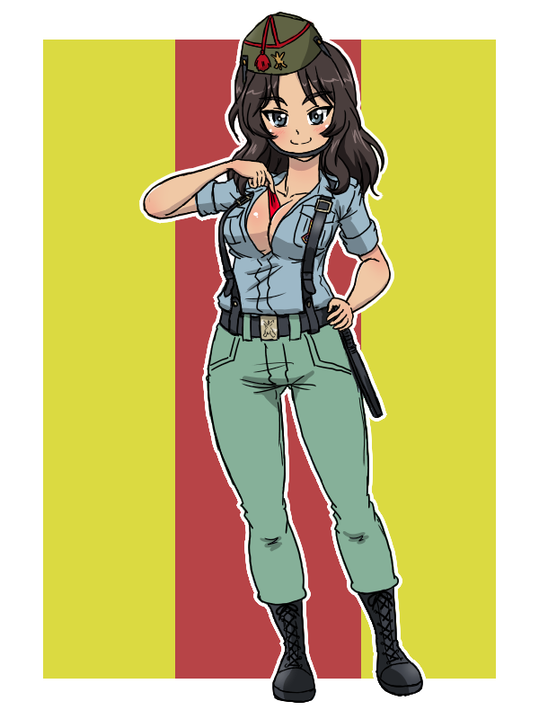 adapted_costume, ankle_boots, aoshidan_school_uniform, between_breasts, black_boots, black_hair, blue_shirt, boots