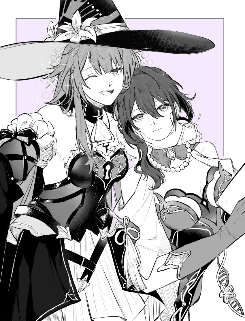 2girls, :/, ;d, absurdres, ascot, bare_shoulders, breasts, cowboy_shot