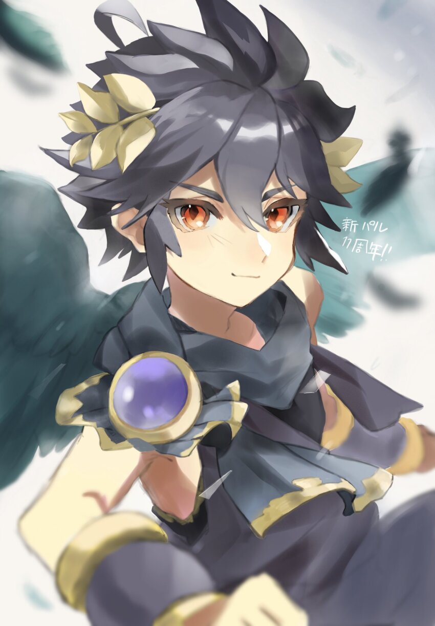 1boy, angel, angel_wings, black_hair, black_scarf, bracer, closed_mouth, commentary_request, dark_pit, falling_feathers, feathered_wings, feathers, green_feathers, green_wings, hair_between_eyes, highres, kid_icarus, kid_icarus_uprising, laurel_crown, male_focus, nari_(naridao0814), nintendo, orange_eyes, scarf, short_hair, sidelocks, smile, solo, spiked_hair, undershirt, v-shaped_eyebrows, wings