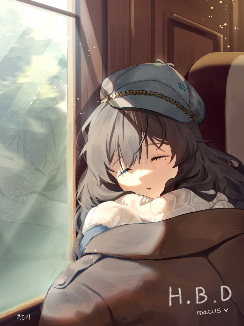 1girl, absurdres, artist_name, borrowed_clothes, brown_coat, brown_hair, newsboy_cap, changi_16