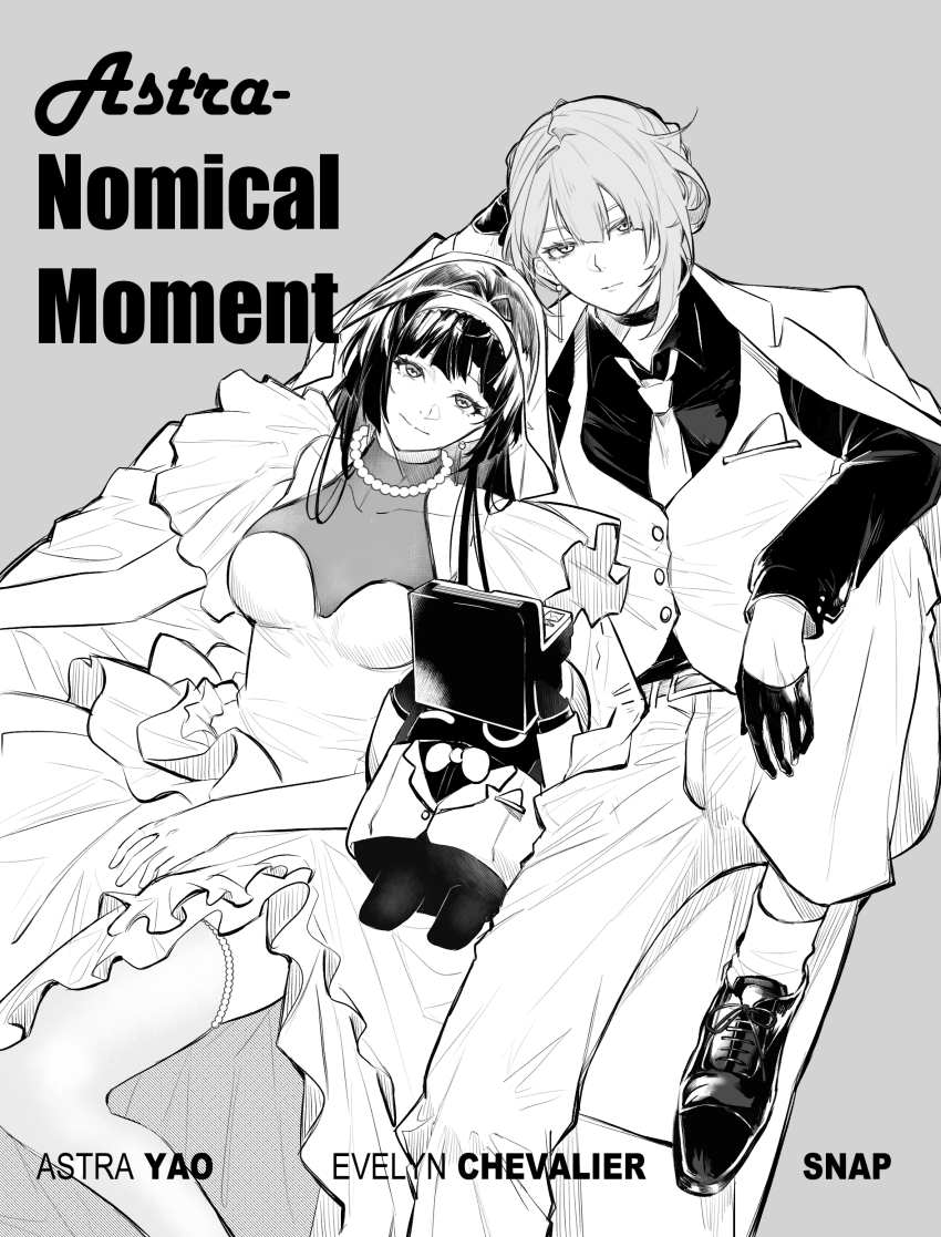 2girls, absurdres, arm_on_knee, astra_yao, bangboo_(zenless_zone_zero), breasts, character_name, cleavage