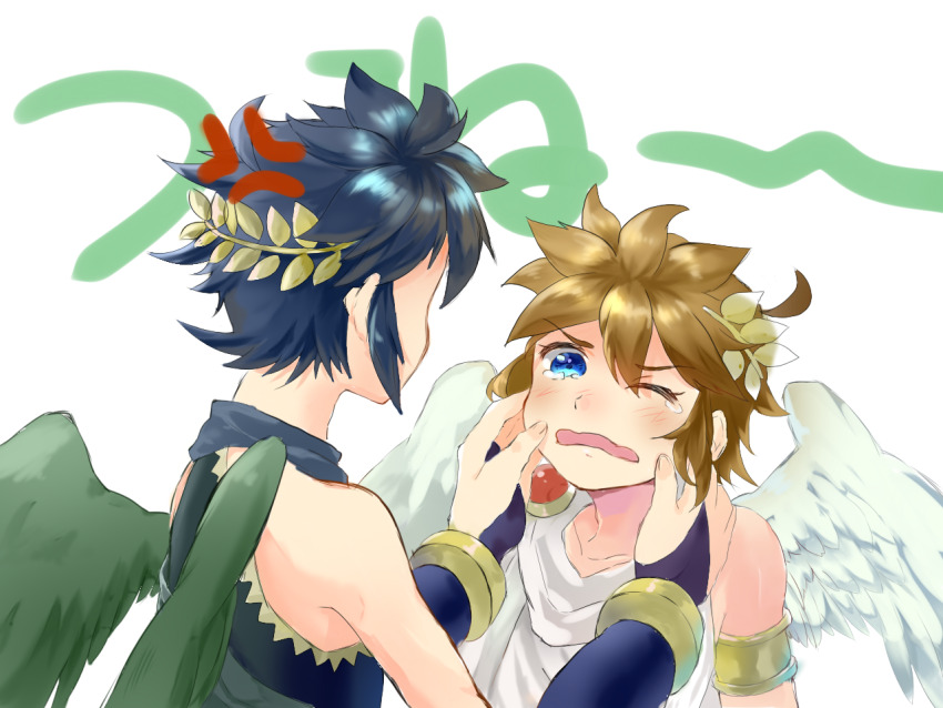 2boys, ahoge, angel, angel_wings, anger_vein, angry, armlet, black_hair