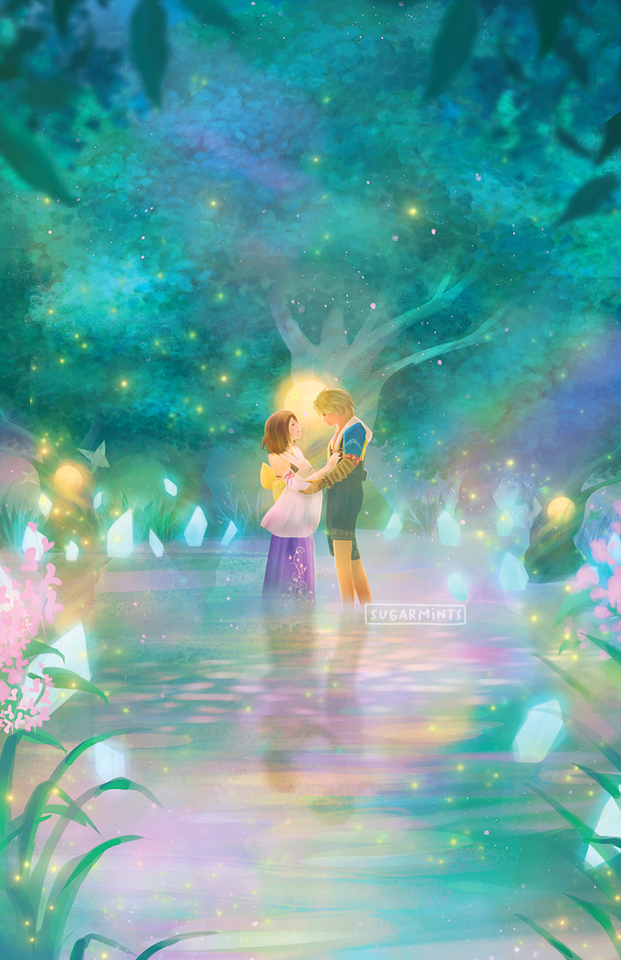 1boy, 1girl, artist_name, bare_shoulders, blonde_hair, brown_hair, commentary, detached_sleeves